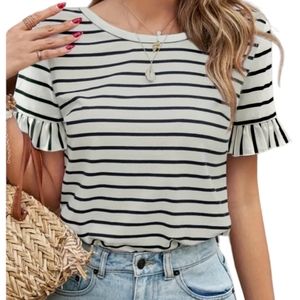 EUC Philosophy women's black white stripped short bell sleeve blouse shirt top M